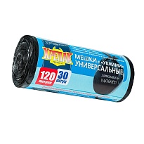 Мешки для мусора 120 л, с ушками, черные, в рулоне 30 шт., ПНД, 15 мкм, 1100х700 мм, Крепак, 4607075710375 в Казани Мешки для мусора 120 л, с ушками, черные, в рулоне 30 шт., ПНД, 15 мкм, 1100х700 мм, Крепак, 4607075710375