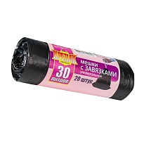 Мешки для мусора 30 л, с завязками, черные, в рулоне 20 шт., ПНД, 12 мкм, 580х500 мм, Крепак, 4607075710306 в Казани